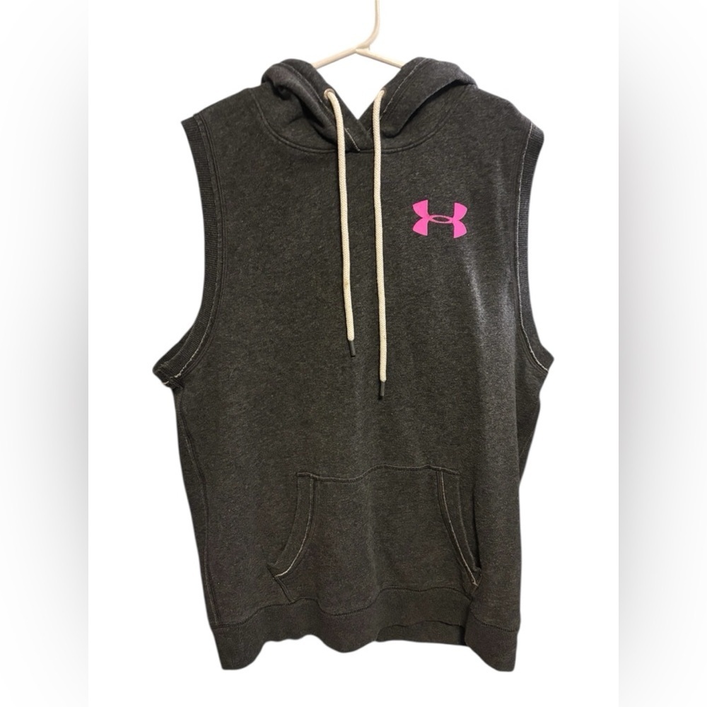 Under Armour Sleeveless Charcoal Gray Hoodie with Hot Pink Logo on Hood